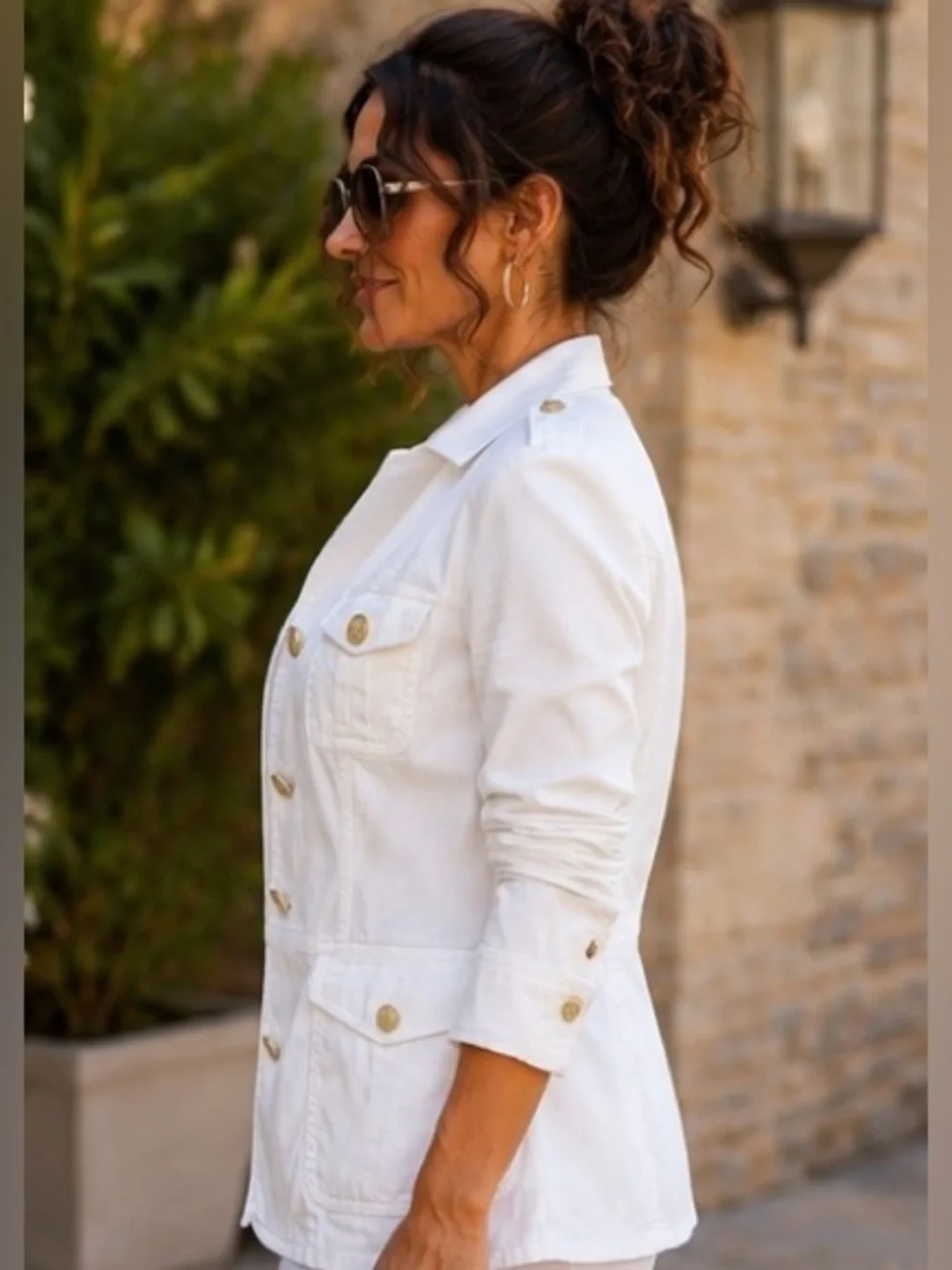 Tory Burch White Military Safari Utility Jacket Gold Buttons Size 8 🤍✨